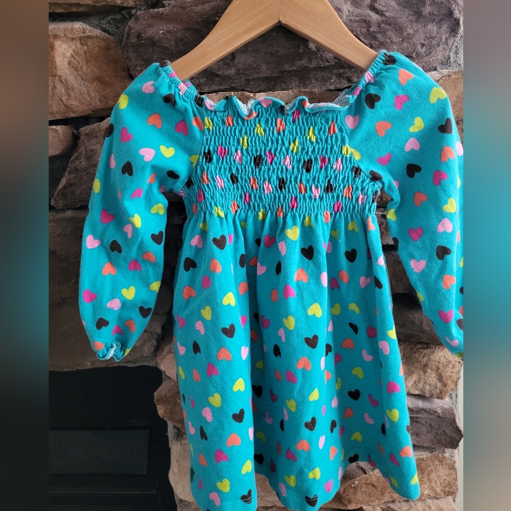 2T Teal and Pink Smocked Heart Dress